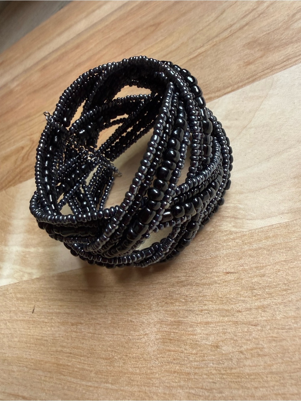 Vintage Multi Strand Black Seed Bead Cuff Bracelet Woven Wire Wrap Boho